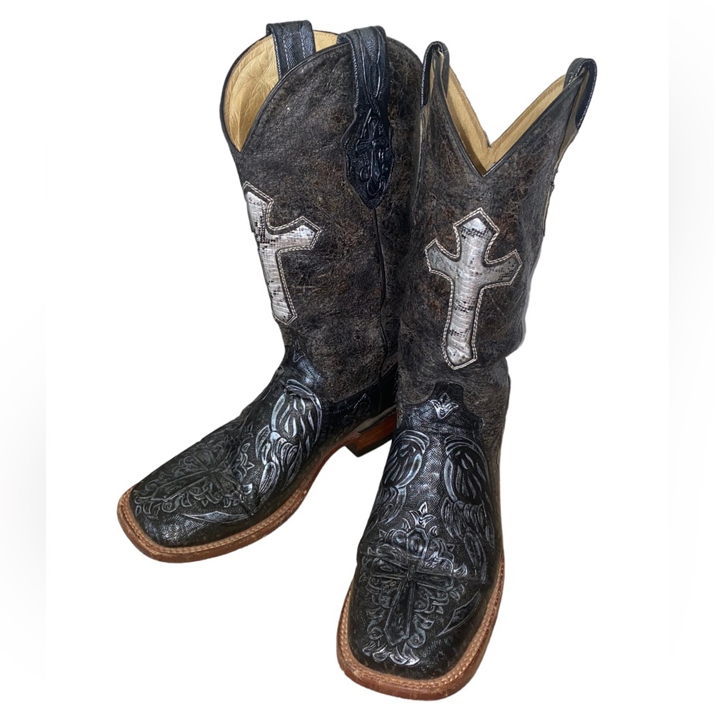 Ferrini Western Boots Womens Embossed Cross Cowboy Black and Silver Size 9D